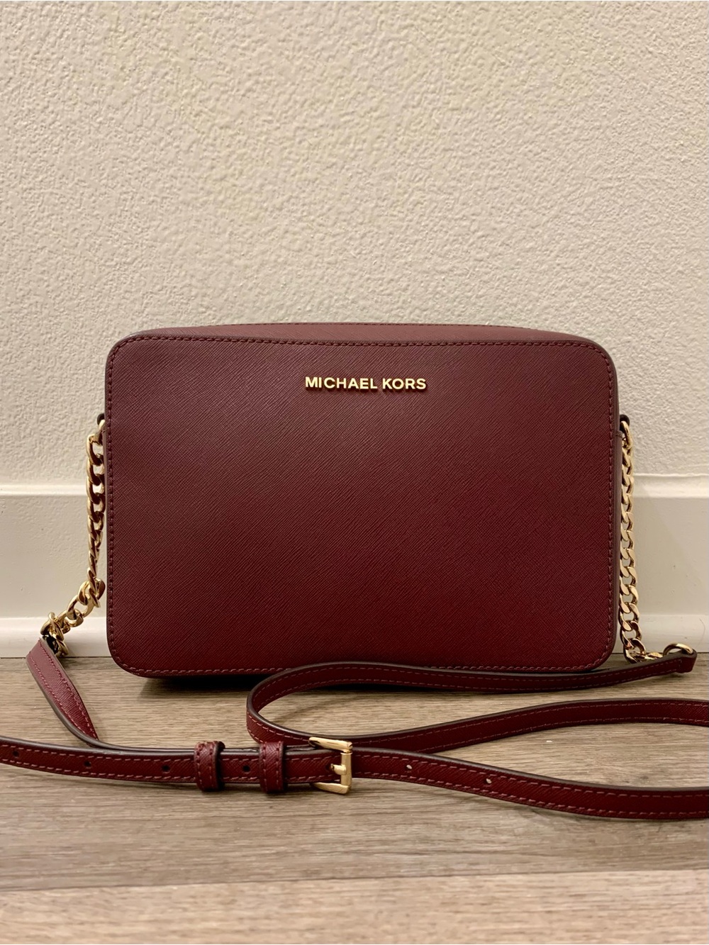 Michael Kors Burgundy Jet Set Saffiano Rectangle Gold Chain Crossbody Bag
